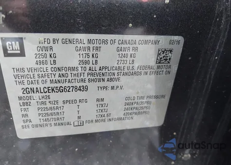 2016 Chevrolet Equinox Lt from USA, damaged, VIN 2GNALCEK5G6278439